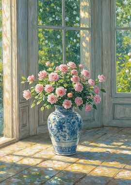 Pink Roses in a Blue and White Vase