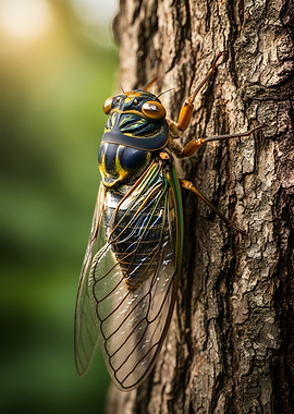 Close-up of a Cicada on a Tree Trunk