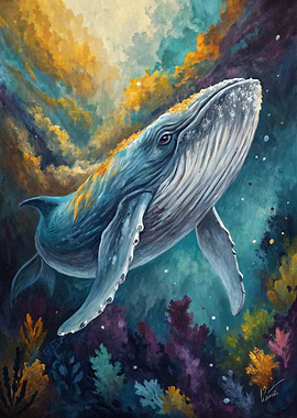 Whale swimming in colorful ocean