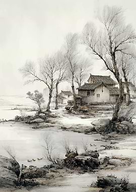 Winter Village Landscape Painting