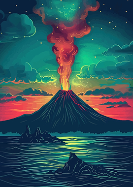 Volcano Erupting Over Water