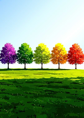 Colorful Trees in a Grassy Field
