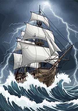 Ship in a Storm with Lightning Poster Vector Art