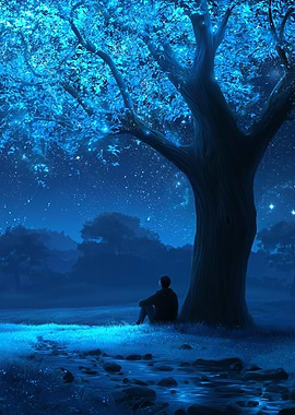Man under a glowing blue tree at night