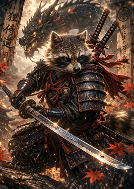 Raccoon Samurai Warrior with Dragon