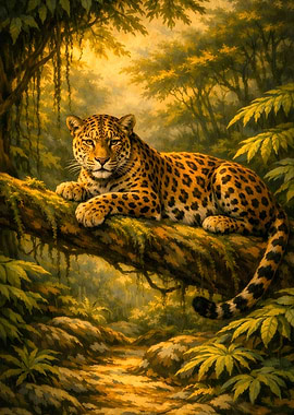 Leopard Resting On A Moss-Covered Tree Branch In A Lush Forest