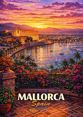 Mallorca Spain Sunset Harbor Painting