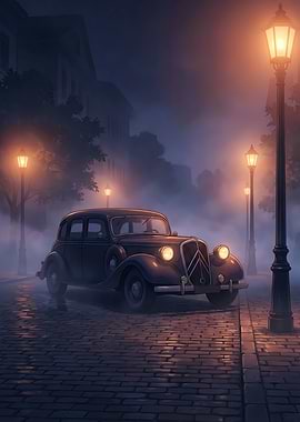 Vintage Car on Foggy Cobblestone Street