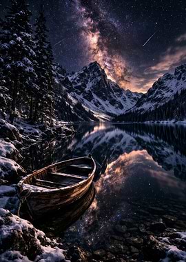 Winter Night Landscape with Boat