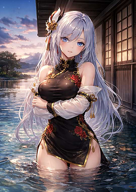 Anime Girl in Traditional Dress in Water