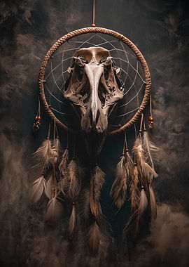 Dreamcatcher with Animal Skull and Feathers