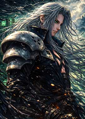 Sephiroth in a dark, dramatic setting