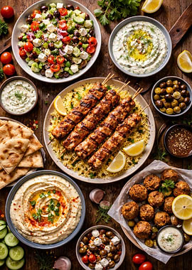Mediterranean Feast with Kebabs and Dips