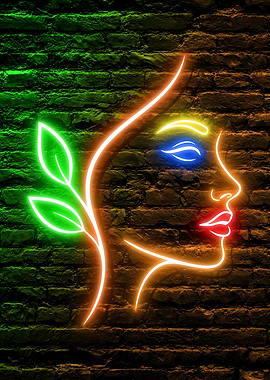 Beautiful Neon Natural Woman Face with Leaves
