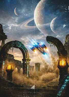 Sci-fi spaceship over ancient ruins