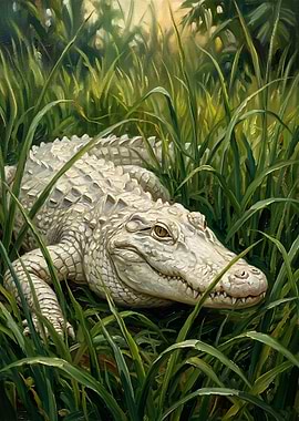Albino Alligator in Tall Grass