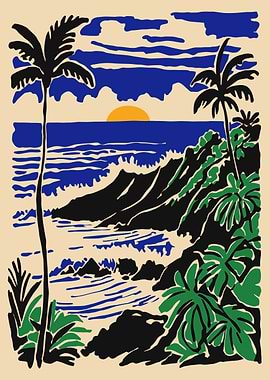 Tropical Sunset Over Rocky Coastline