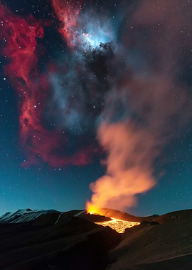 Volcano Erupting Under Nebula
