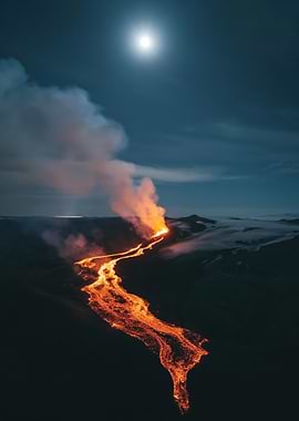 Volcano Erupting Under the Moon