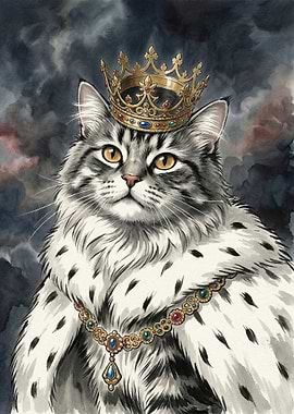 Regal Cat King with Crown and Ermine Robe