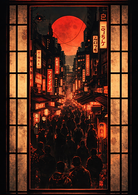 Cyberpunk Cityscape with Red Moon