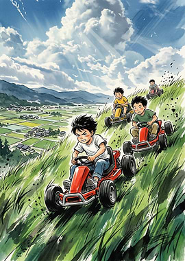 Boys racing go-karts down a grassy hill