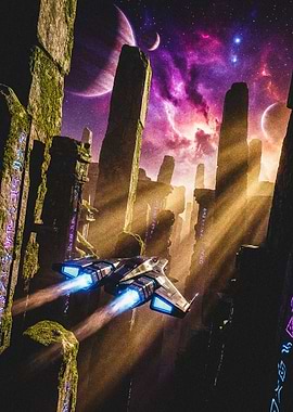 Sci-fi spaceship in alien ruins