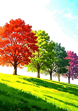 Colorful Trees on a Grassy Hill