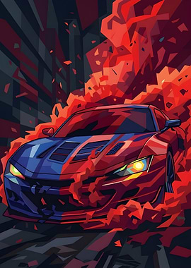 Aggressive Sports Car in Fiery Motion