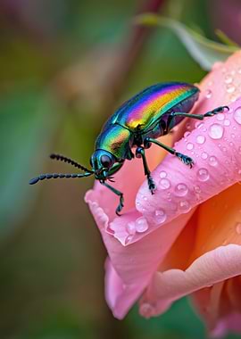 Jewel Beetle on Pink Rose Petals