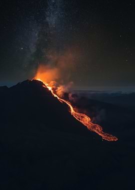 Volcano Erupting Under Starry Night Sky