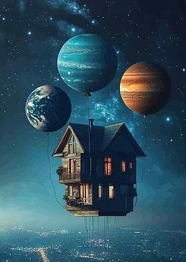 Floating House with Planet Balloons