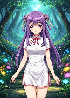 Anime Girl in White Dress in Forest