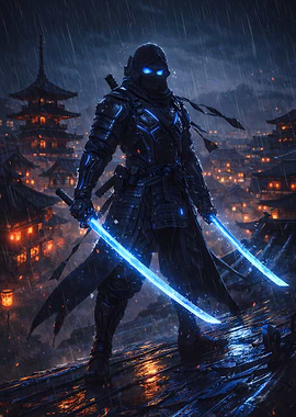 Cyberpunk Ninja with Glowing Swords