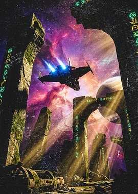 Sci-fi spaceship among ancient ruins in space