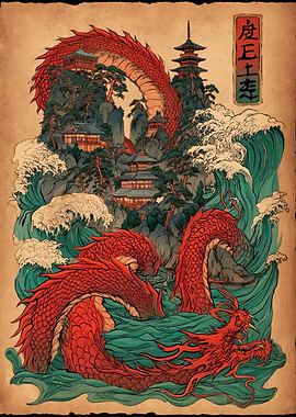 Red Dragon in Japanese Waves