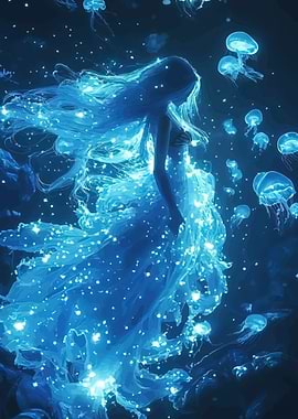 Bioluminescent Mermaid and Jellyfish