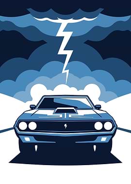 Muscle Car in Lightning Storm Poster Vector Art