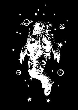 Astronaut floating in space with planets and stars