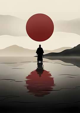 Samurai Reflection Under Red Sun