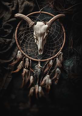Dreamcatcher with Animal Skull and Feathers