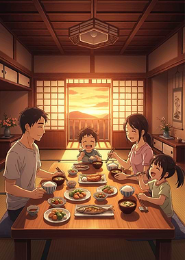 Family enjoying a meal at sunset