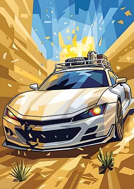 Off-road car in desert landscape