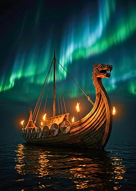 Viking Longship with Dragon Figurehead under Northern Lights