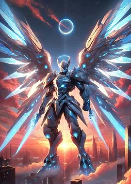 Futuristic Angel Warrior in Cityscape