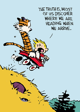 Calvin and Hobbes on a red wagon