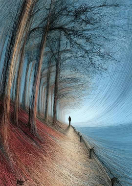 Solitary figure on a path through trees