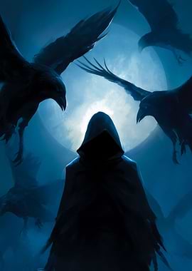 Hooded Figure and Crows