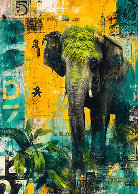 Colorful Elephant Urban Collage Art
