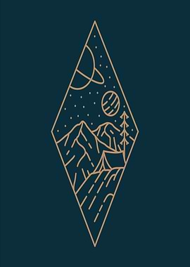 Cosmic Mountain Camping Line Art